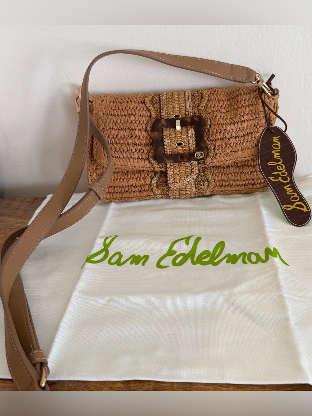 Sam Edelman Bambi Raffia Crossbody with Tortoiseshell Buckle NWT